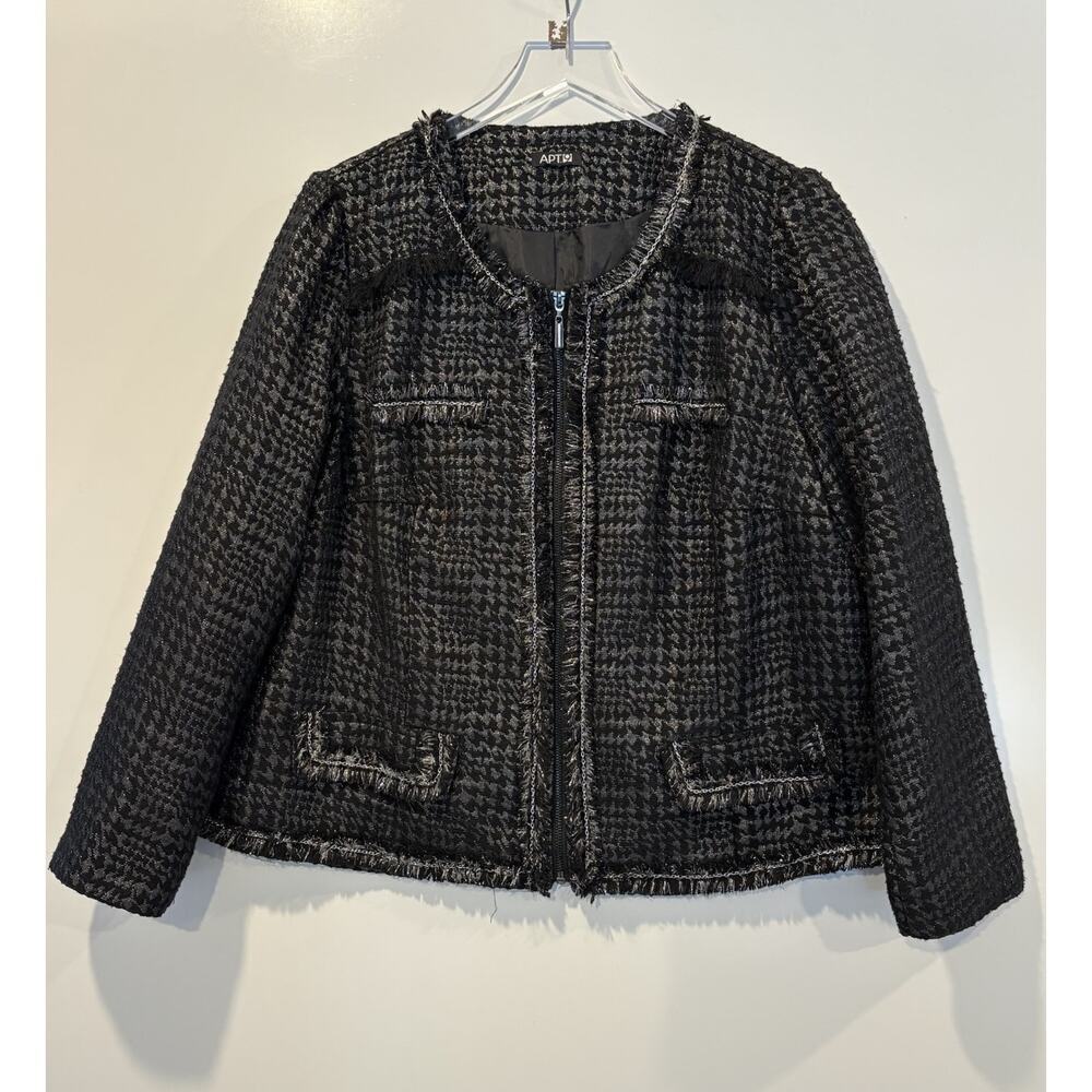 APT 9 Black Silver Metallic Thread Fringed Zip Front Blazer Jacket Womens XL (K)